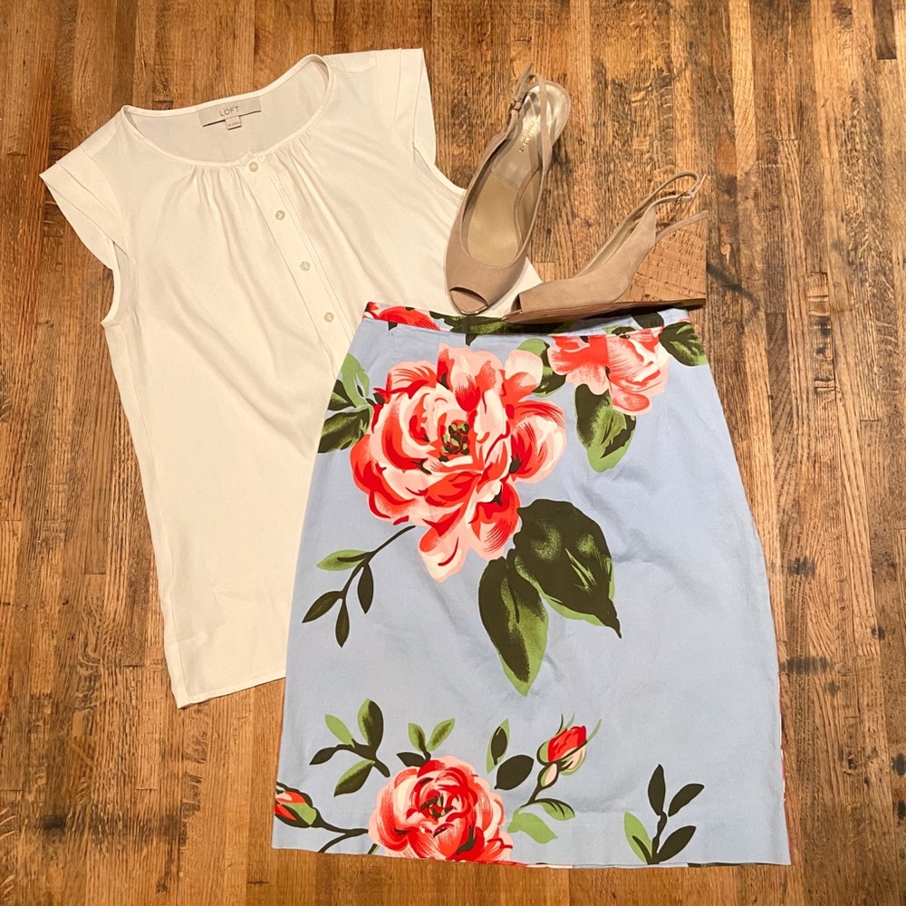 Bernard Couture blue pencil skirt w/ pink flowers
